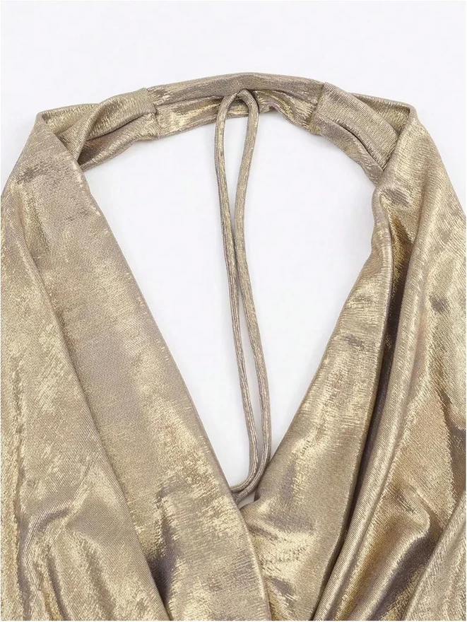 Metallic Cowl Neck Low Cut Backless Halter Tops by OYOANGLE, photograph 2 of 3