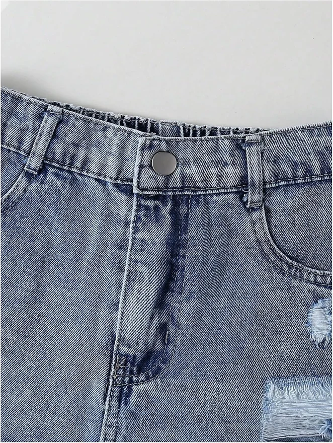 Girl's Ripped Denim Shorts Mid Rise Frayed Raw Hem Jean Shorts by OYOANGLE, photograph 4 of 4