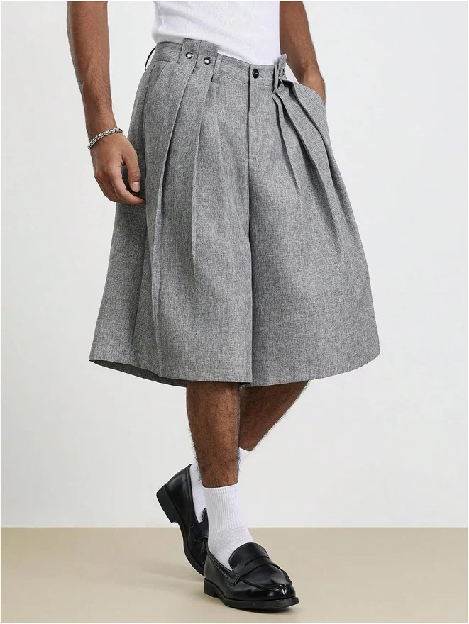 Wide Leg Bermuda Shorts Zipper Fly Pleated Business Casual by OYOANGLE