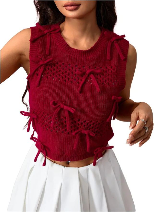 Bow Sweater Vest Cute Hollow Out Sleeveless Cropped Sweaters by OYOANGLE