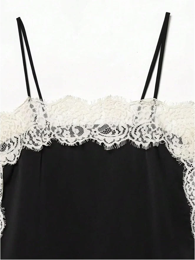 Satin Lace Trim Cami Tops Spaghetti Strap Y2k Going Out Tank Top by OYOANGLE, photograph 2 of 4