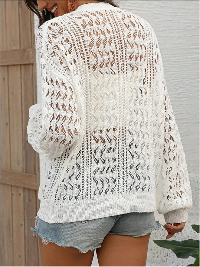 Crochet Cardigans Hollow Out Button Down Sweater Knit Tops by OYOANGLE, photograph 2 of 4