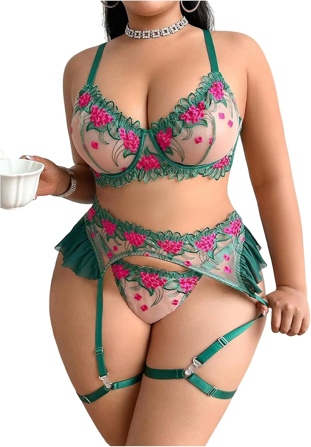Plus Size 3 Piece Lace Lingerie Sets Floral Sexy Underwear by OYOANGLE, photograph 1 of 4