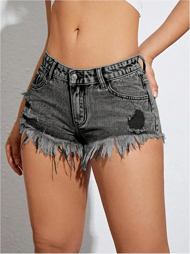 Low Rise Denim Shorts Y2K Frayed Raw Hem Distressed Jean Shorts by OYOANGLE, photograph 2 of 4
