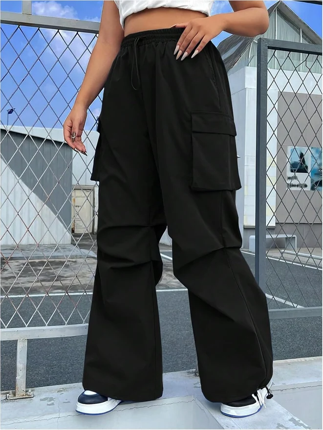 Plus Size Drawstring Waist Wide Leg Cargo Pants Black by OYOANGLE, photograph 2 of 3