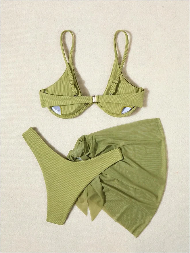 3 Piece Ribbed Bikini Set Underwire Triangle Swimsuit by OYOANGLE, photograph 3 of 4