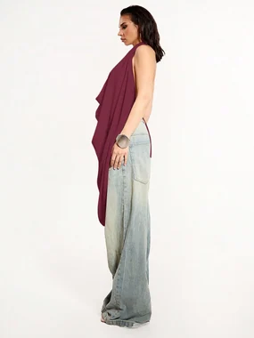 Cowl Neck Backless Halter Top Y2k See Through Tank Tops in Burgundy