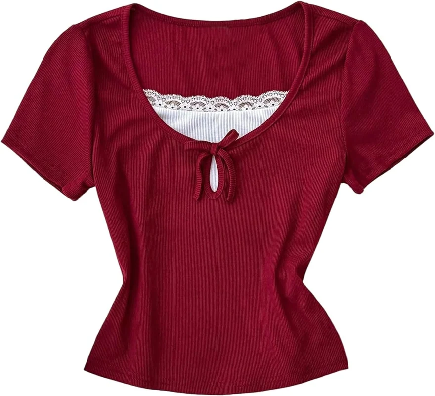 Girl's Cute Lace Trim Short Sleeve 2 in 1 Shirts Tie Front by OYOANGLE