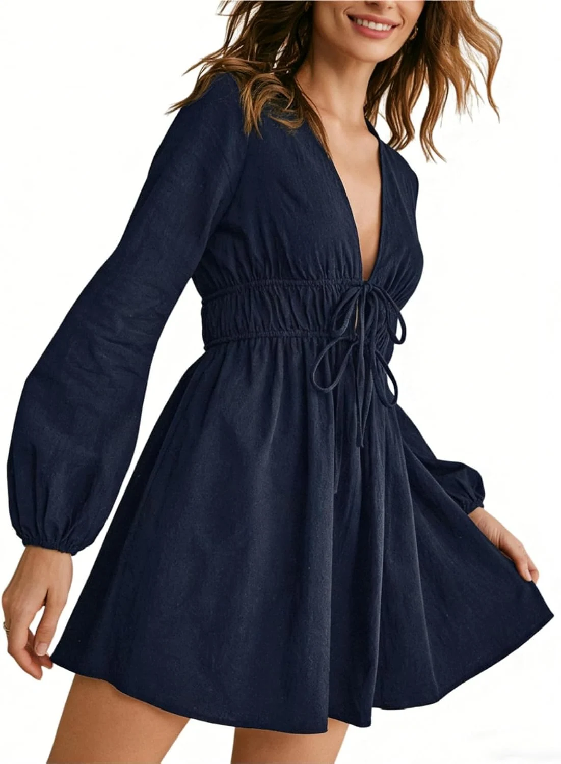 Deep V Neck Ruched Flared Dress Tie Front Lantern Sleeve Ruffle by OYOANGLE, photograph 1 of 3