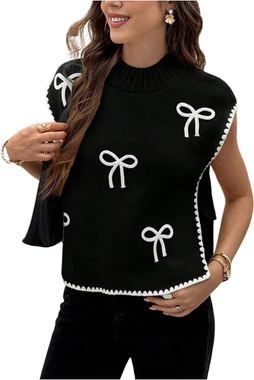 Bow Short Sleeve Sweater Side Tie Knit Pullover Top Brown in Black
