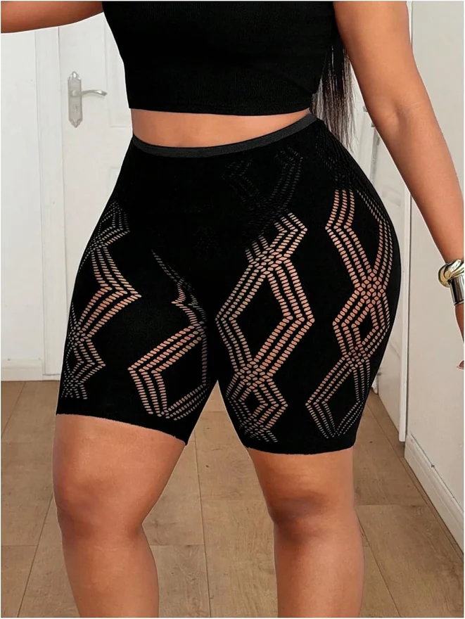 Plus Size Hollow Out High Waisted Biker Shorts Leggings by OYOANGLE, photograph 4 of 4