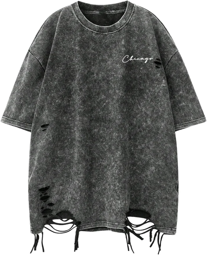 Ripped Washed Tee Shirt Crewneck Short Sleeve Distressed Grunge by OYOANGLE