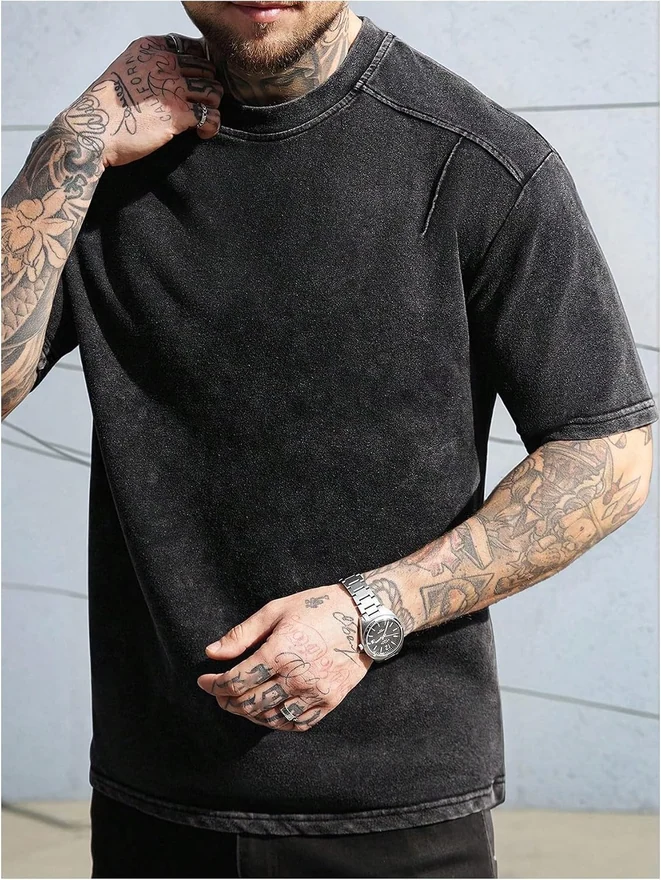 Short Sleeve Washed T Shirts Crew Neck Drop Shoulder Tee Shirt by OYOANGLE, photograph 4 of 4