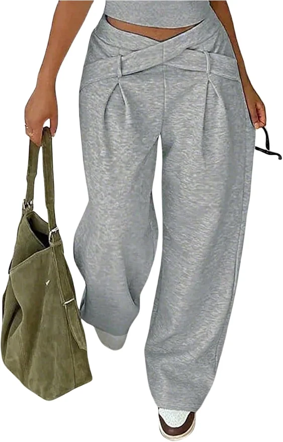 Plus Size Wide Leg Sweatpants Criss Cross Waist Gym Athletic by OYOANGLE