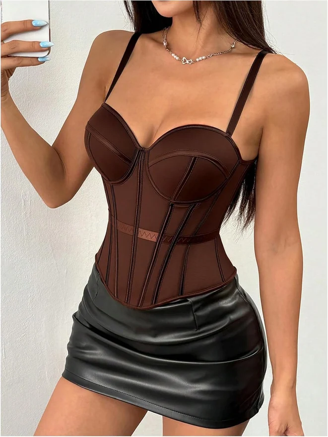 Bustier Corset Top See Through Mesh Boned Cami Tops Brown by OYOANGLE