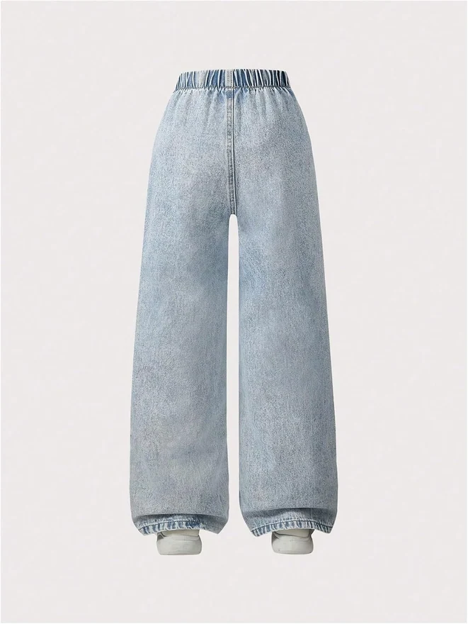 Girl's Star Wide Leg Baggy Jeans Y2K Elastic Waist Denim Pants by OYOANGLE