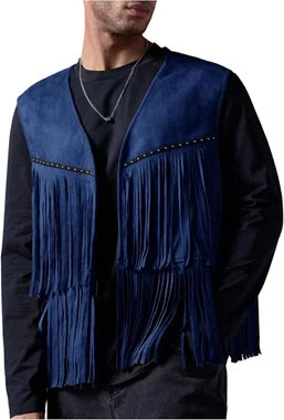 Casual Suede Top Shirt Boho Fringe Trim Open Front Sleeveless in Deep Blue
