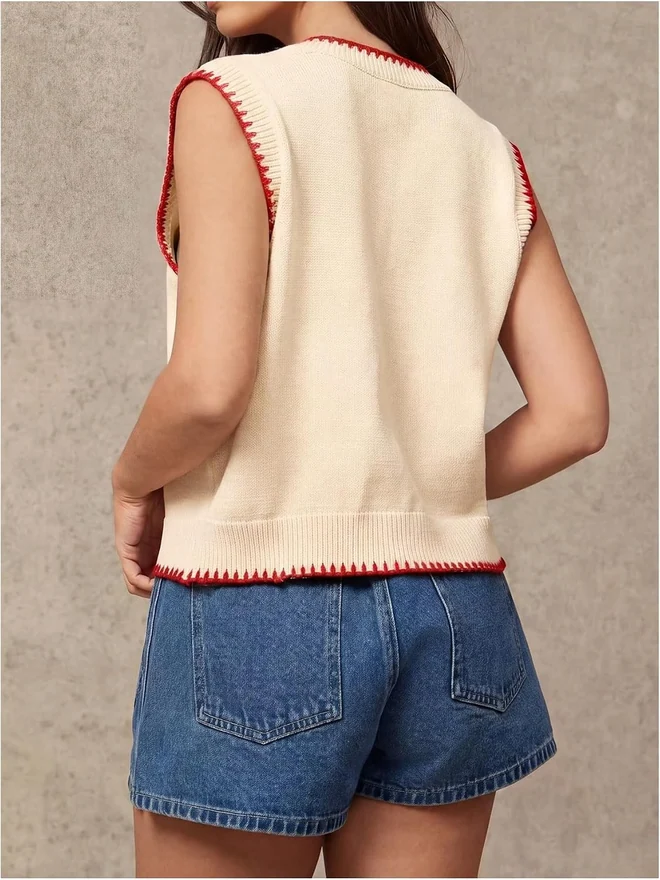 Fish Crew Neck Sleeveless Sweater Vest Tank Tops Champagne by OYOANGLE, photograph 2 of 4