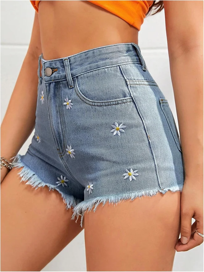 Floral Embroidery Raw Hem Denim Shorts by OYOANGLE, photograph 3 of 4