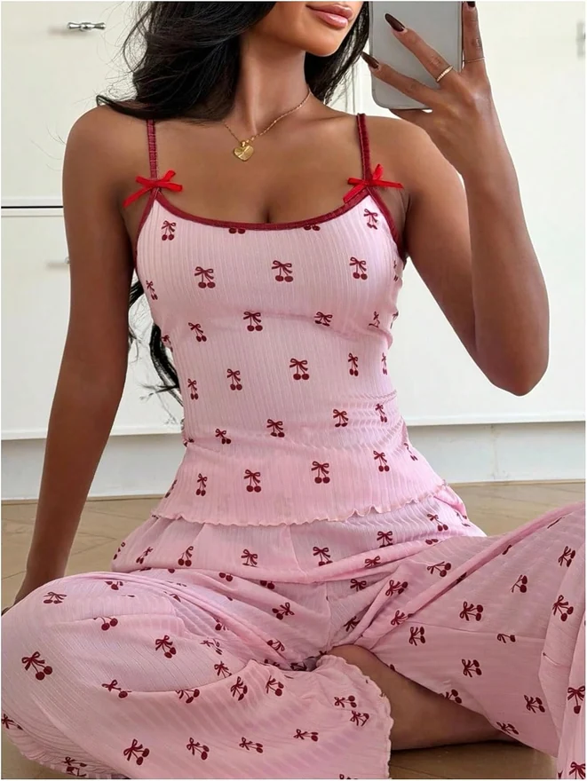 Pajamas For Women Set 2 Piece Cute Pjs Cherry Sleepwear Lounge by OYOANGLE, photograph 3 of 3