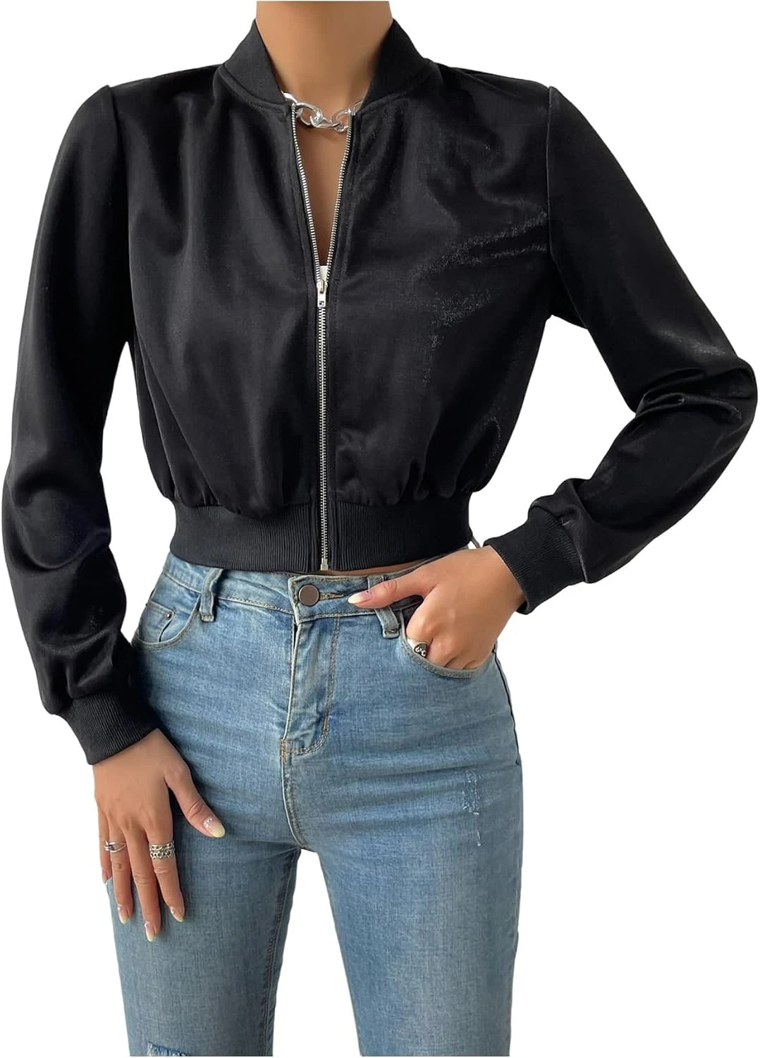 Cropped Bomber Jacket Long Sleeve Zip Up Baseball Collar Fall by OYOANGLE, photograph 1 of 4