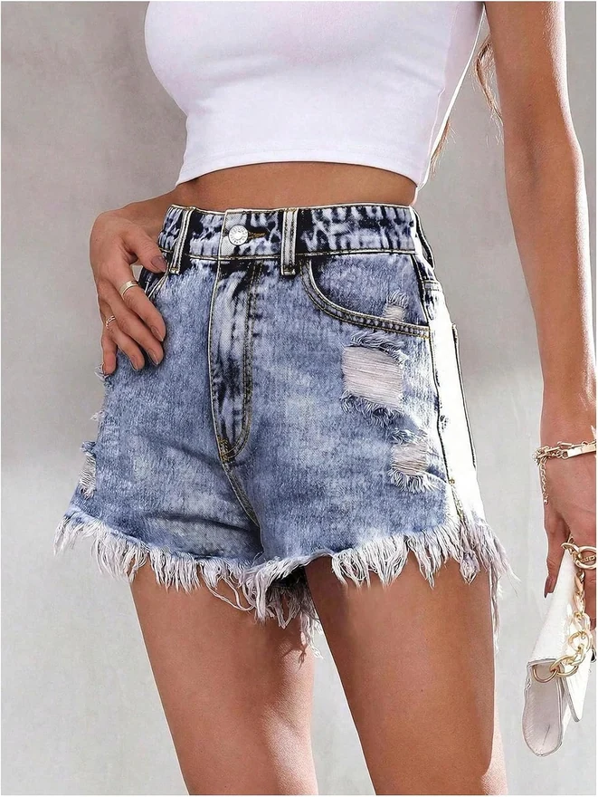 Y2k Ripped Denim Shorts High Waist Frayed Hem Jean Shorts by OYOANGLE, photograph 2 of 4