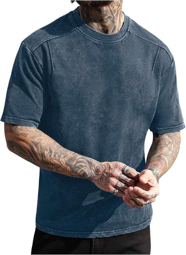 Short Sleeve Washed T Shirts Crew Neck Drop Shoulder Tee Shirt by OYOANGLE