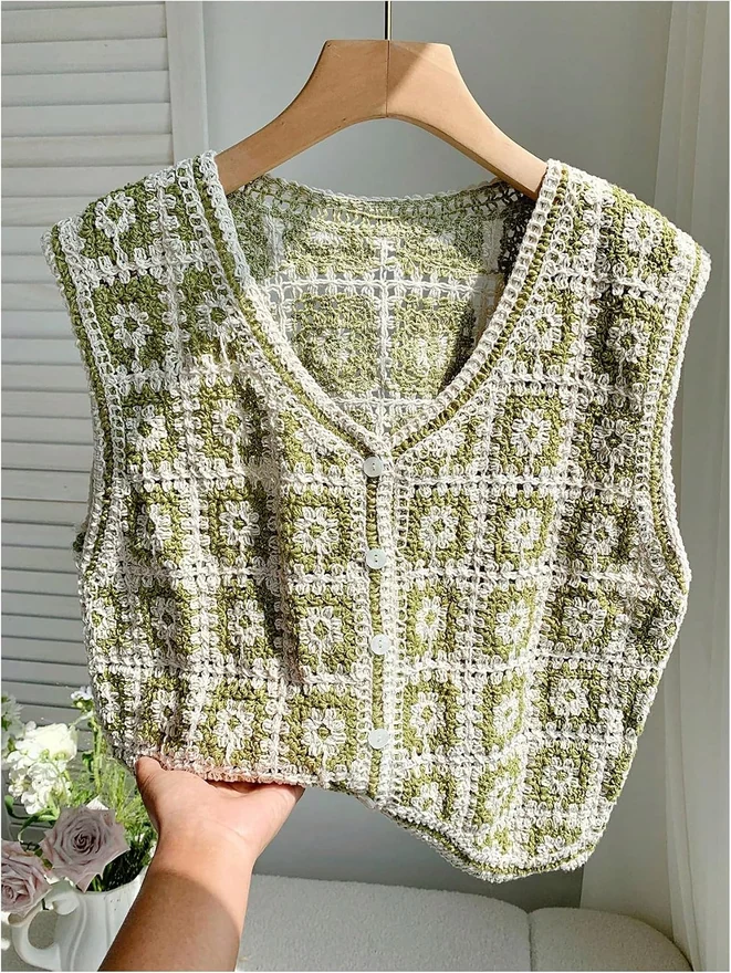 Boho Floral Knit Sweater Vest Button Up V Neck Hollow Out by OYOANGLE, photograph 2 of 4