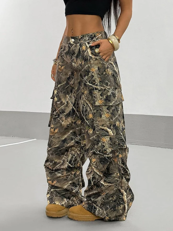 Camo Print Baggy Cargo Pants Elastic Waist Flap Pocket Straight by OYOANGLE, photograph 2 of 3