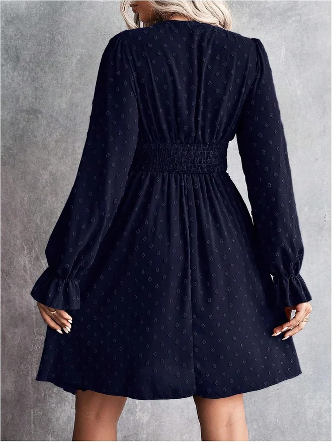 Long Sleeve Swiss Dots Ruffle Short Dresses Dark Blue by OYOANGLE, photograph 3 of 4