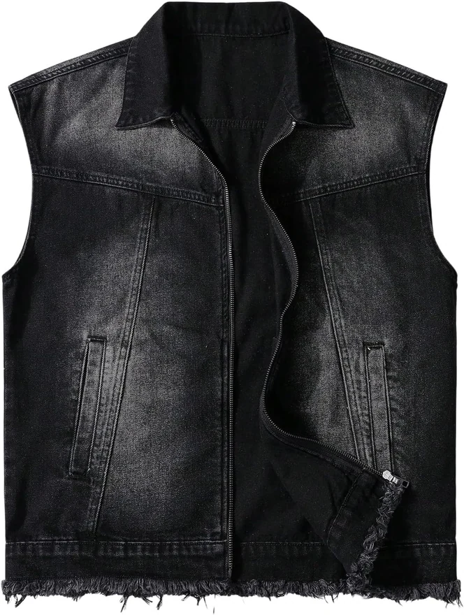 Zip Up Sleeveless Denim Jacket Frayed Raw Hem Jean Jackets by OYOANGLE