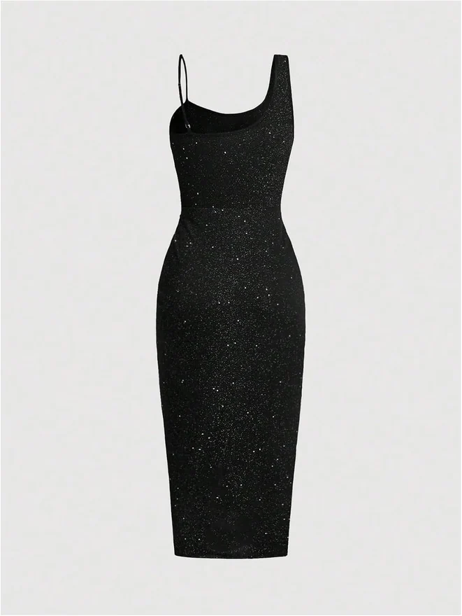 Glitter Ruched Bodycon Midi Dress Asymmetrical Party Dress by OYOANGLE
