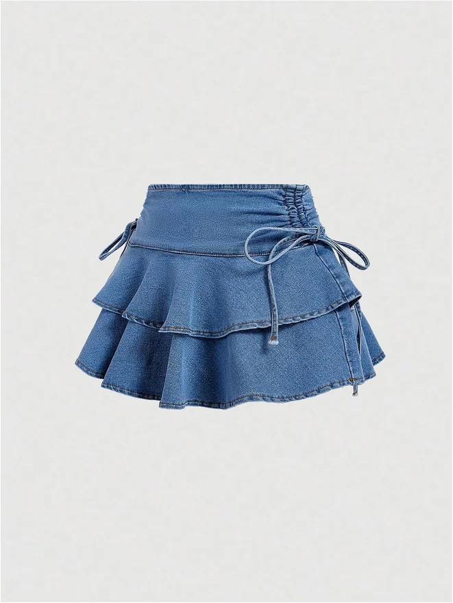 Denim Skirts Low Rise Drawstring Side Ruched Layered Ruffle A by OYOANGLE, photograph 3 of 4