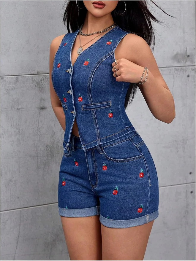 Cherry Embroidery Button Down Denim Jackets Sleeveless V Neck by OYOANGLE, photograph 4 of 4