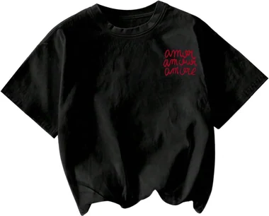 Graphic Tees Letter Print Short Sleeve Tee Shirt Drop Shoulder in Black