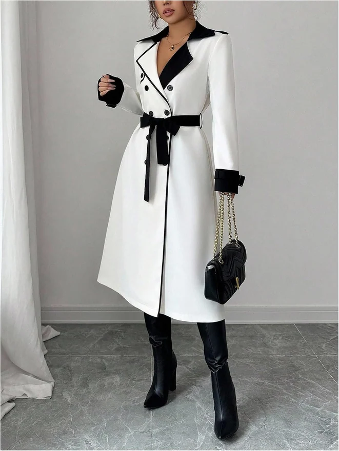 Double-Breasted Coat Lapel Neck Long Trench Coat with Belt White by OYOANGLE, photograph 2 of 3