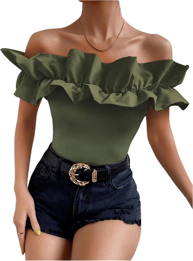 Ruffle Trim Off Shoulder Short Sleeve Blouse Tops Shirt by OYOANGLE, photograph 4 of 4