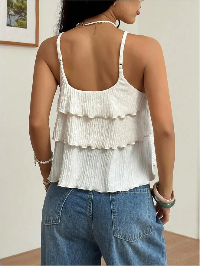 Layered Ruffle Cami Top Beige by OYOANGLE, photograph 3 of 4