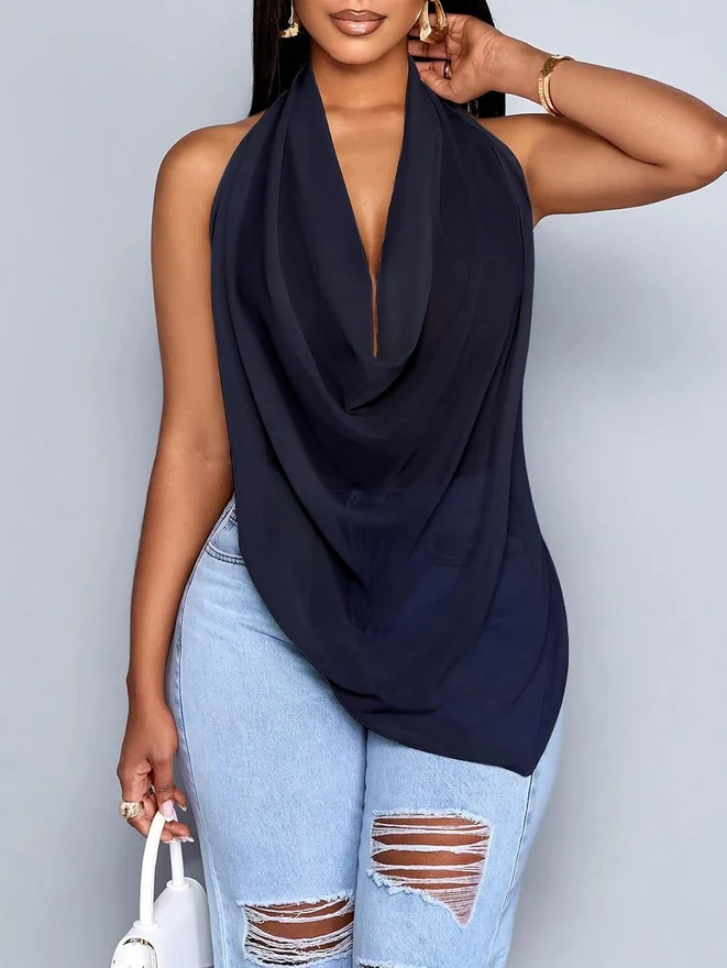 Cowl Neck Halter Tops for Women Backless See Through Draped Top by OYOANGLE, photograph 3 of 4