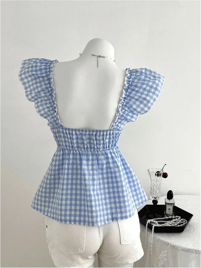 Plaid Gingham Cap Sleeve Blouse V Neck Ruffle Peplum Babydoll by OYOANGLE, photograph 3 of 3