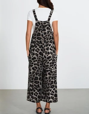 Leopard Print Sleeveless Straight Leg Jumpsuits with Pocket in Grey
