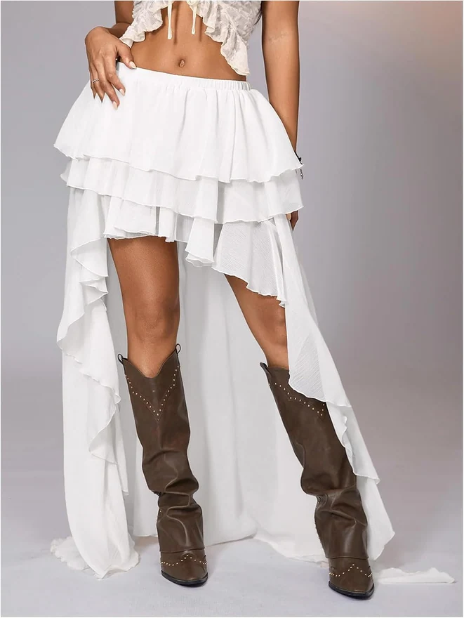 Boho Layered Ruffle Chiffon Y2K Elastic Cowgirl Maxi Skirt by OYOANGLE, photograph 3 of 4