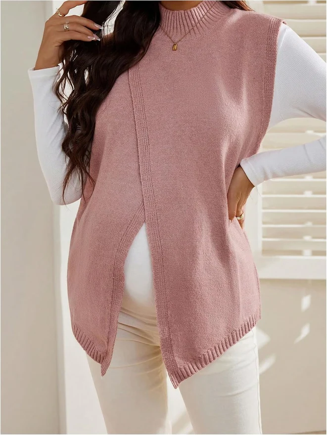 Maternity Sweater Vest Split Hem Mock Neck Sleeveless Pregnancy by OYOANGLE, photograph 2 of 3