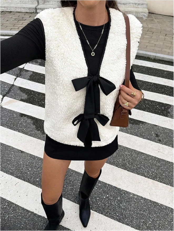 Bow Tie Front Fuzzy Vest V Neck Sleeveless Coat Fall Outfits by OYOANGLE, photograph 3 of 4