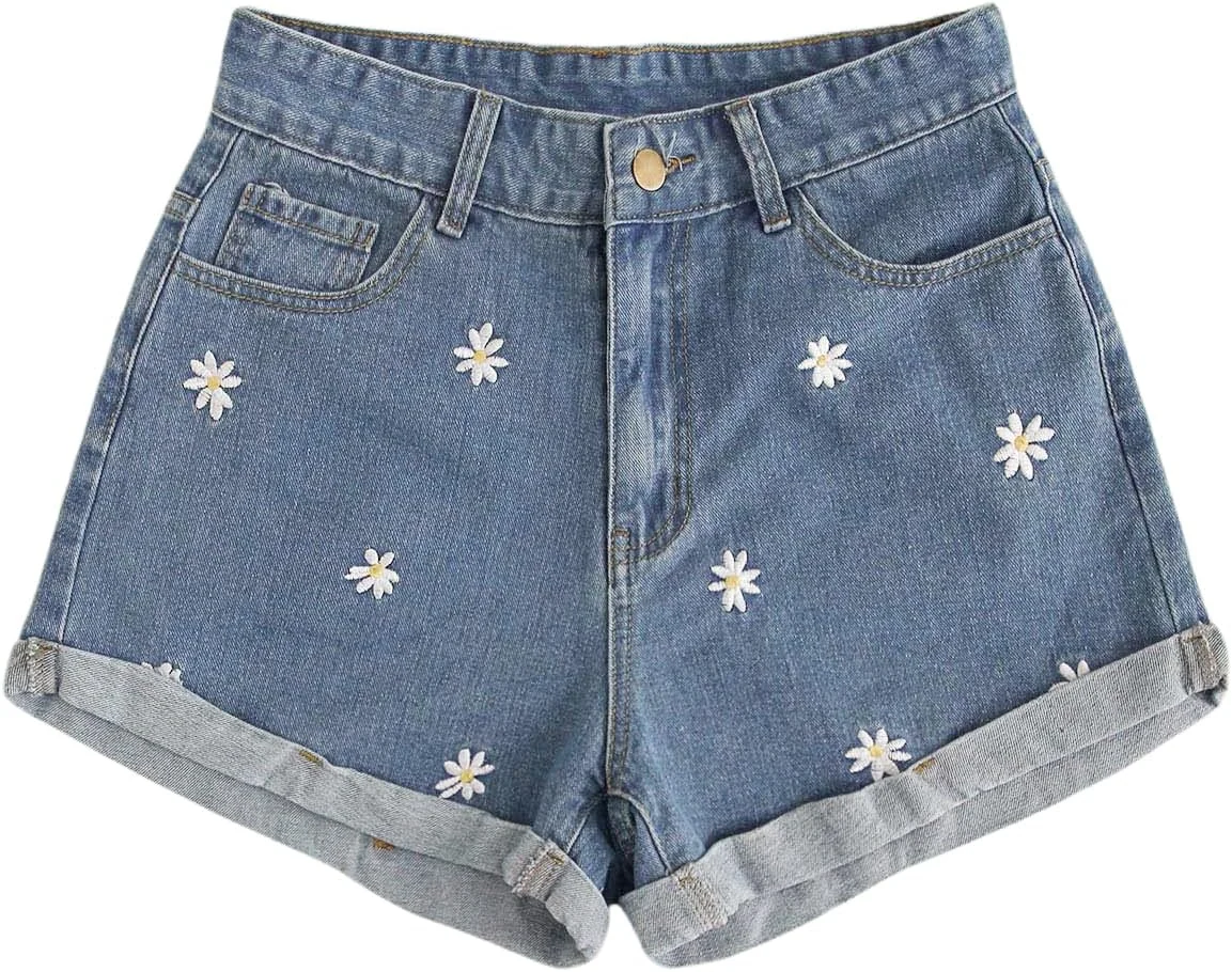 Floral Denim Shorts Wide Leg Embroidered Jean Shorts by OYOANGLE, photograph 1 of 4