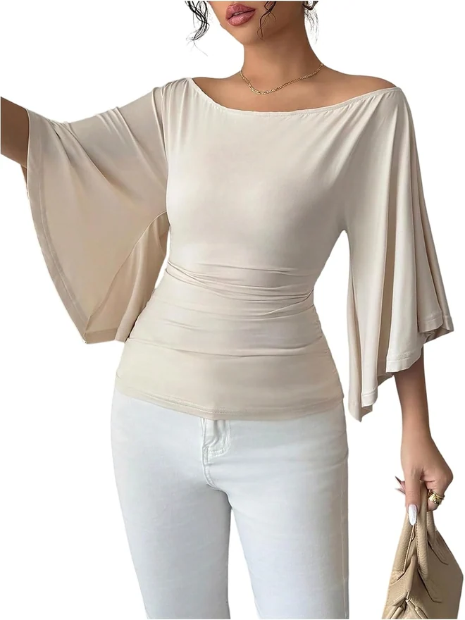 Batwing Bell Sleeve Tops Off The Shoulder T Shirts Apricot by OYOANGLE