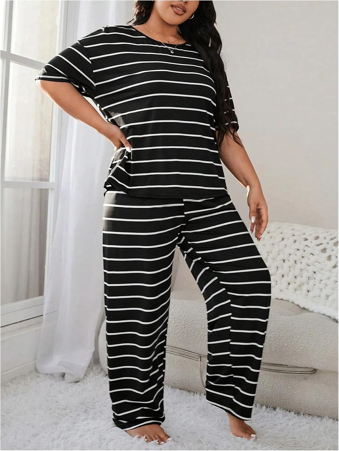 Plus Size Striped Pajama Set Short Sleeve Tee Top by OYOANGLE, photograph 1 of 3