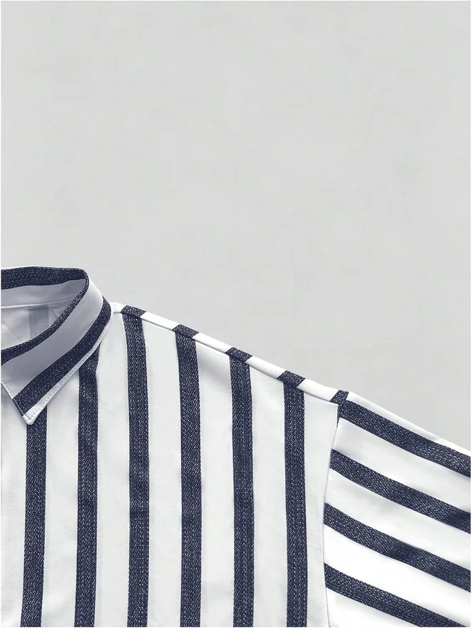 Striped Long Shirt Dresses Long Sleeve Collared V Neck Loose by OYOANGLE, photograph 3 of 3
