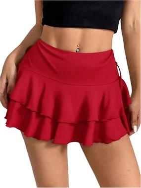 Low Rise Mini Skirt Y2K Layered Ruffle Drawstring Skorts in Burgundy