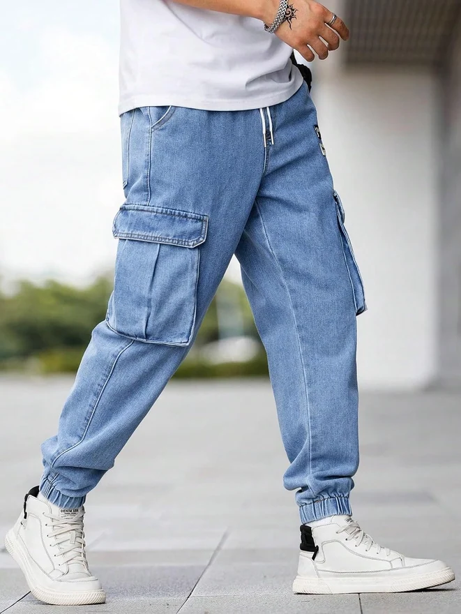 Drawstring Waist Flap Pocket Jogger Cargo Pants Carrot Denim by OYOANGLE, photograph 3 of 3